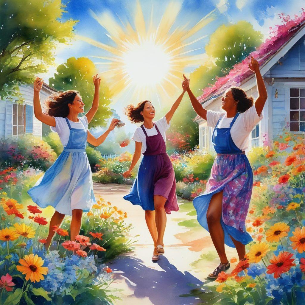 A sunlit scene showcasing a diverse group of people joyfully engaging in various cheerful activities, like painting, dancing, and gardening amidst blooming flowers. Incorporate vibrant colors, laughter, and expressions of happiness, with a radiant sun and fluffy clouds in the background. Emphasize a feeling of community and positivity. watercolor style.
