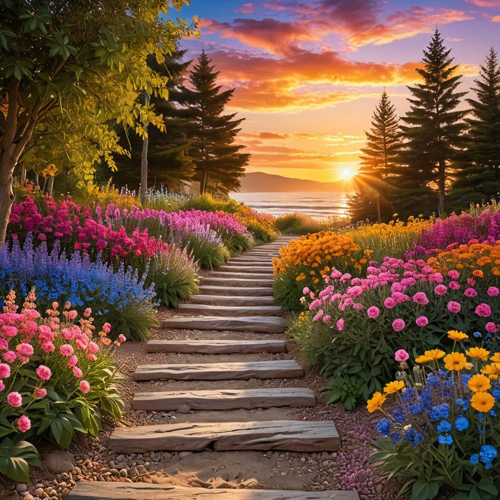A serene landscape featuring a sunlit path lined with vibrant flowers symbolizing gratitude, leading towards a radiant sunset representing euphoria. In the foreground, a diverse group of people practicing mindfulness and sharing joyful moments. The scene exudes warmth and positivity, encouraging a sense of daily bliss. super-realistic. vibrant colors. 3D.