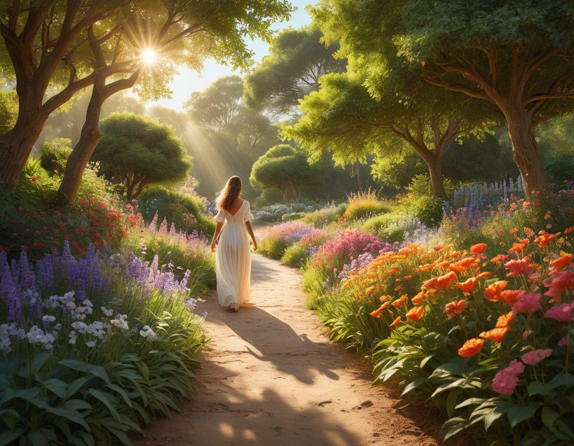 A serene landscape featuring a sunlit path winding through a lush, vibrant garden filled with colorful flowers and butterflies. In the distance, a person with outstretched arms stands joyfully embracing the sunlight, embodying happiness and freedom. Soft, ethereal light filters through the trees, creating a dreamlike atmosphere. super-realistic. vibrant colors. soft focus.